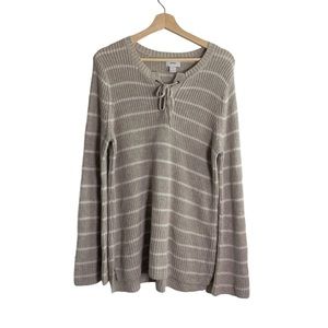 Old Navy Gray White Knitted V Neck Lace Up Stripe Sweater Size L Women